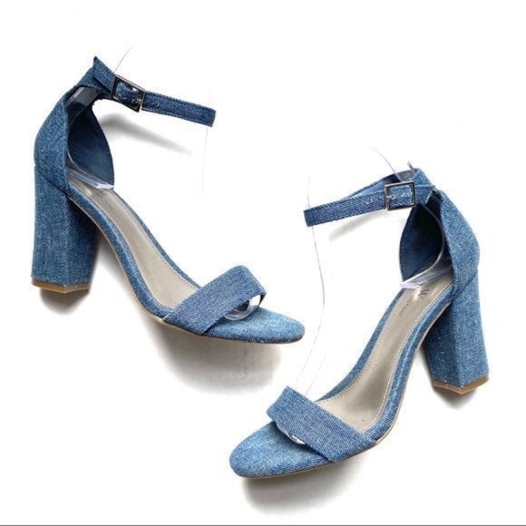 Denim Block Heel Sandal Ankle Strap Shoes - Picture 1 of 4